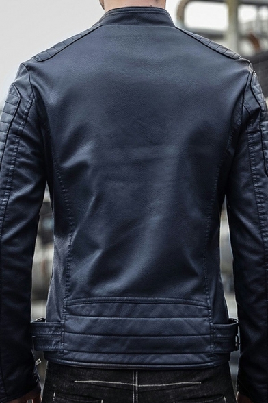 Soft Mens PU Jacket Solid Full Zip Pocket Design Long-sleeved Regular PU Jacket