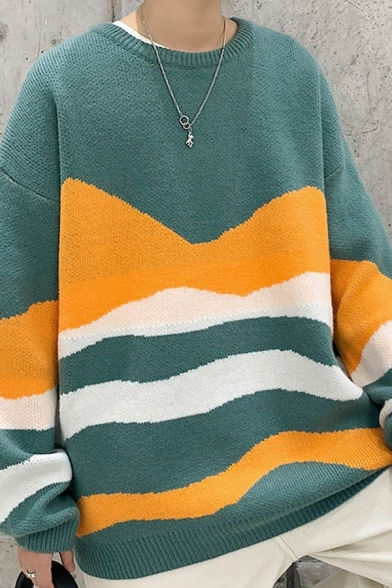 Street Look Boy's Sweater Color-block Crew Neck Rib Trim Long Sleeves Regular Pullover Sweater