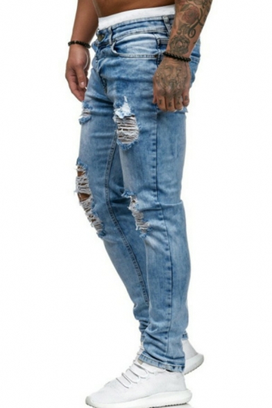 Street Look Men's Jeans Broken Hole Zip Closure Pockets Detail Skinny Fit Jeans