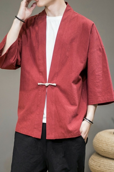 Stylish Jacket Solid Color 3/4 Sleeve Loose Fitted Single Button Jacket for Guys