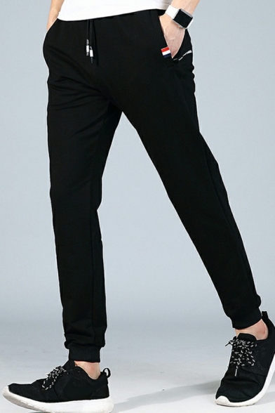 Stylish Mens Drawstring Pants Pure Color Mid-Rised Ankle Length Straight-Leg Elastic Waist Pants with Pockets