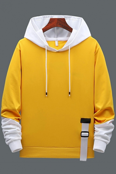 Stylish Mens Hoodie Contrast Color Fake Two-piece Long-Sleeved Rib Cuffs Loose Fit Hoodie