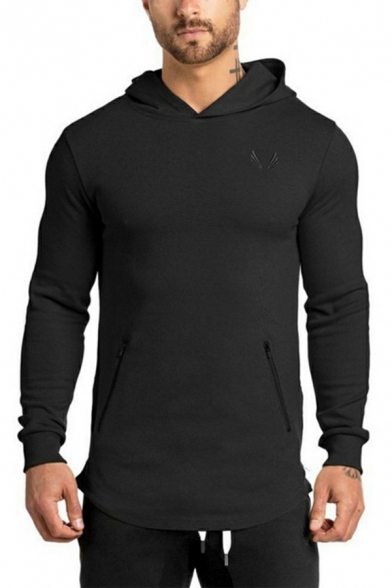 Stylish Mens Hoody Pure Color Hooded Long Sleeves  Zip Pocket Detail Rib Cuffs Regular Fitted Hoody