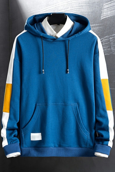 Urban Mens Hoodie Color Block Long-Sleeved Rib Cuffs Loose Fitted Hoodie with Pockets