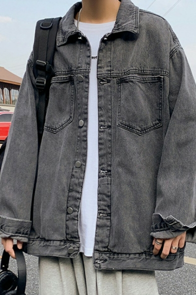 Urban Mens Jacket Solid Flap Pocket Turn-down Collar Long Sleeve Loose Fit Denim Jacket