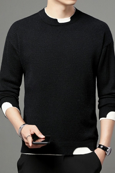 Vintage Pullover Contrast Trim Faux Twinset Panel Crew Neck Relaxed Pullover for Men