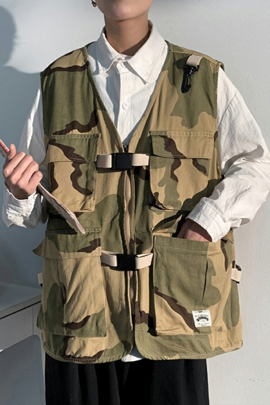 Boy's Freestyle Vest Solid Color Multi-Pockets Loose Fitted V-Neck Sleeveless Zip Fly Vest