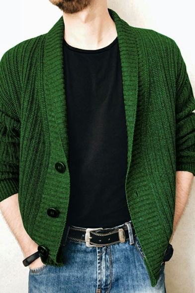 Boyish Cardigan Whole Colored Shawl Collar Long Sleeves Regular Button-up Knitted Cardigan for Guys