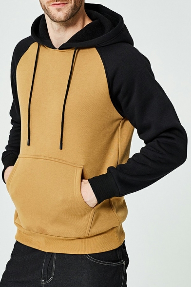 Casual Drawstring Hoodie Color Block Long Sleeve Pocket Detail Rib Cuffs Regular Fit Hoodie for Men
