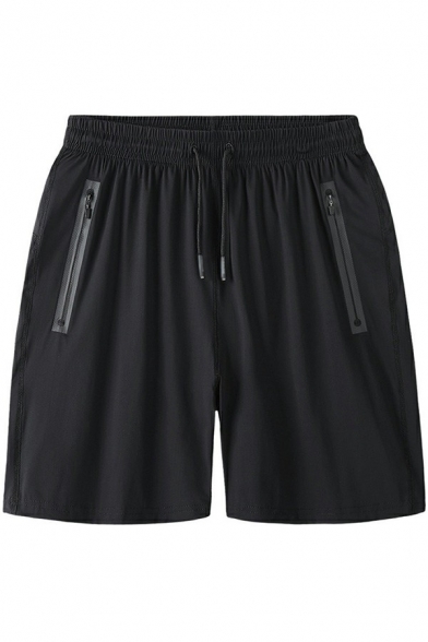 Casual Mens Drawstring Shorts Pure Color Elastic Waist Quick-Dry Straight Fit Shorts with Pocket
