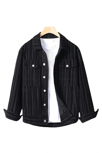 Chic Denim Jacket Stripe Pattern Button Up Long Sleeve Flap Pockets Lapel Collar Fitted Jacket for Guys