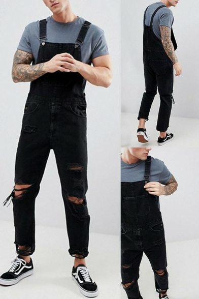 Cool Guy's Overall Solid Color Ripped Detail Ankle Length Overall