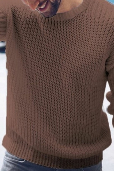 Creative Sweater Pure Color Round Neck Long Sleeve Regular Fit Pullover Sweater for Men