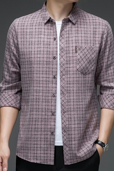 Dashing Shirt Plaid Pattern Turn-down Collar Loose Fitted Long-Sleeved Button Placket Shirt