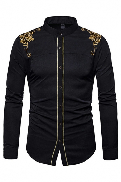 Fashionable Mens Shirt Floral Pattern Curve Hem Stand Collar Slimming Long Sleeves Button Fly Shirt