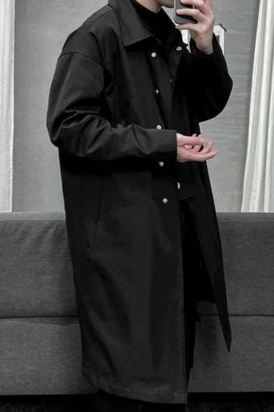 Guys Casual Trench Coat Plain Side Pocket Button Closure Long Sleeves Knee Length Trench Coat