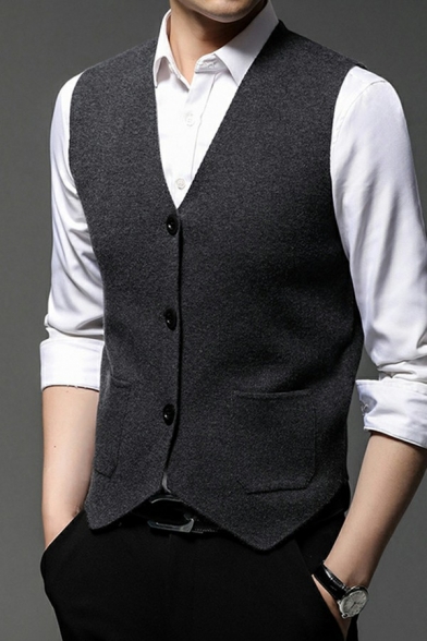 Guys Urban Vest Whole Colored Button Placket Sleeveless V-Neck Slim Fitted Vest