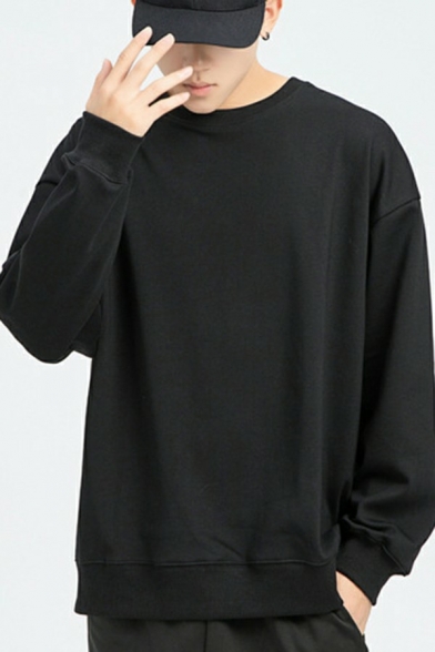 Men Casual Hoody Solid Color Round Neck Rib Cuffs Long Sleeve Relaxed Fit Hoody