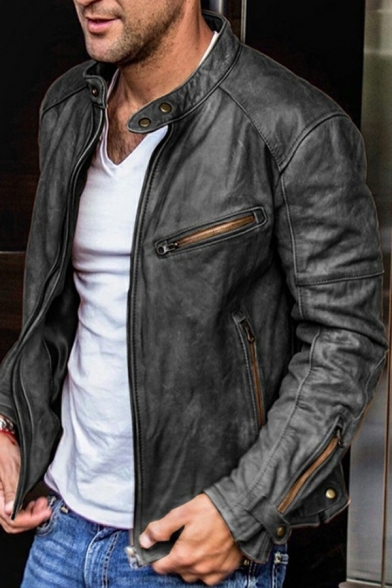 Men's Conservative Jacket Solid Color Stand Collar Zip Embellish Relaxed Leather Jacket