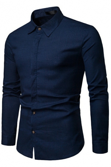 Men's Dashing Pure Color Shirts Long-Sleeved Lapel Collar Button Closure Slim Fitted Shirts