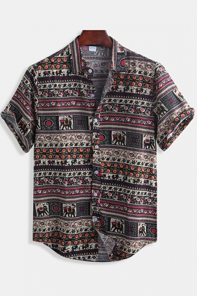 Men's Retro Shirt Tribal Printed Short Sleeve Spread Collar Button down Regular Fit Shirt