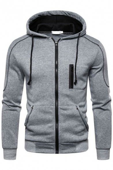 Men's Sporty Hoodie Solid Drawcord Zip-up Pocket Detail Long-sleeved Slim Fit Hoodie