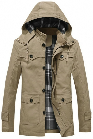 Mens Freestyle Coat Plain Multi-Pockets Regular Fit Long-sleeved Hooded Zip Fly Coat