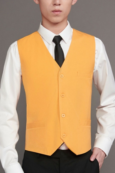 Modern Mens Vest Plain V-Neck Sleeveless Button Closure Regular Fitted Vest