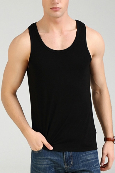 Modern Vest Top Pure Color Round Neck Sleeveless Slimming Tank Top for Boys