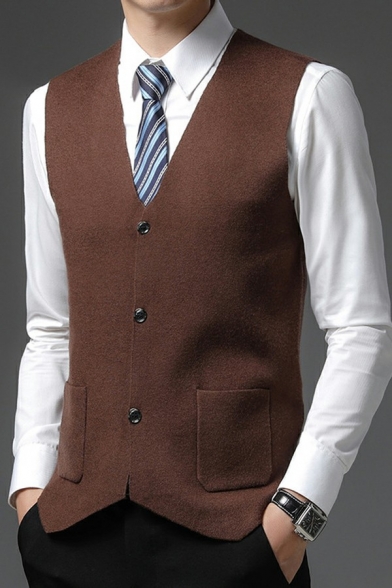 Pop Waistcoat Pure Color Flap Pocket V-Neck Skinny Slimming Button Fly Suit Vest for Guys