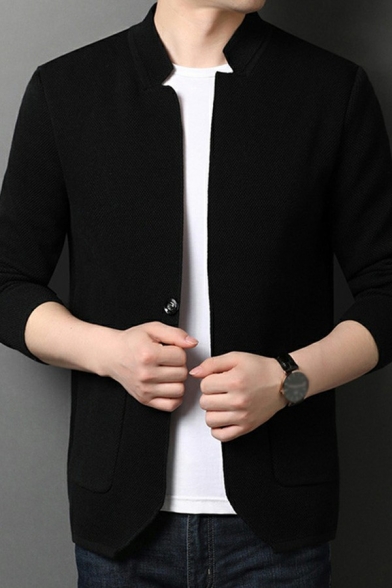 Popular Mens Knit Cardigan Pure Color Stand Collar Long-Sleeved Double Button Fitted Cardigan with Pockets