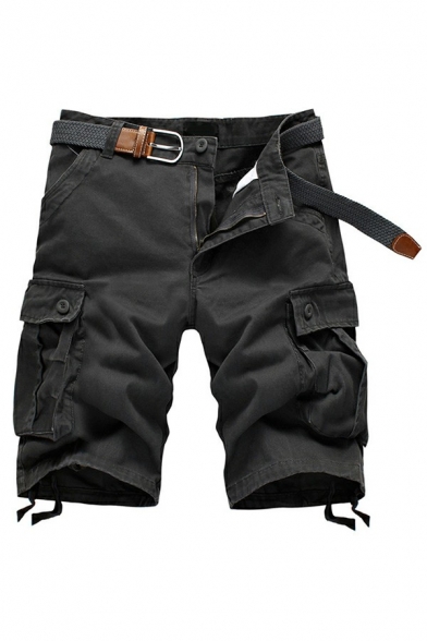 Popular Mens Pure Color Shorts Zip Placket Flap Pocket Straight Fitted Cargo Shorts