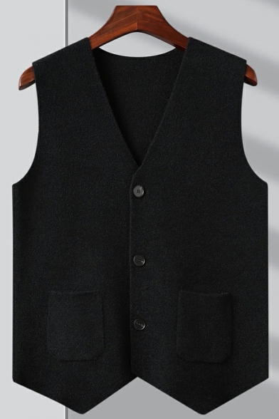 Slouch Guys Vest Whole Colored Button Placket Sleeveless V-Neck Regular Fit Vest