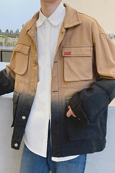 Street Look Mens Denim Jacket Color-Blocked Long Sleeves Turn down Collar Loose Fit Jacket