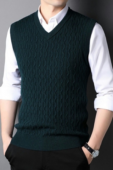 Stylish Mens Solid Color Sweater Sleeveless V-Neck Rib Hem Regular Fitted Knitted Sweater Vest