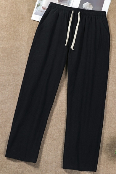 Stylish Pants Plain Drawstring Elastic Waist Mid Rise Straight Full Length Pants for Guys