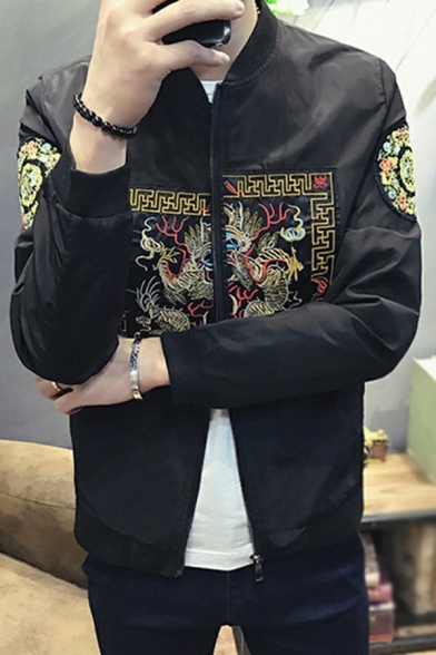 Unique Dragon Pattern Jacket Stand Collar Long Sleeves Slimming Zipper Jacket for Men