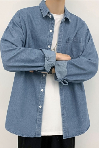 Vintage Mens Denim Jacket Plain Color Long-Sleeved Lapel Collar Chest Pocket Relaxed Fit Denim Jacket