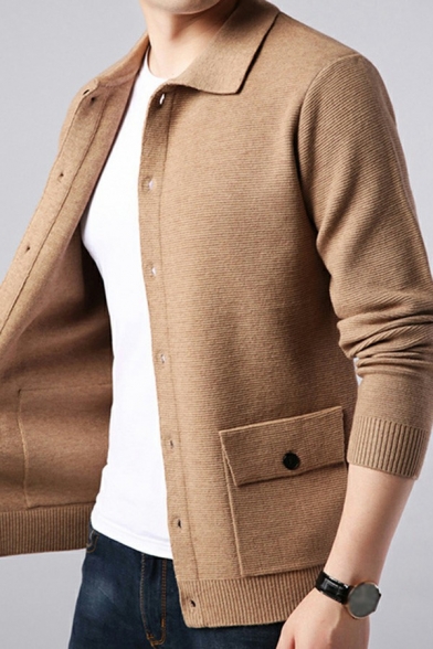 Basic Cardigan Pure Color Lapel Collar Long Sleeve Button Closure Flap Pockets Fitted Knit Cardigan for Men