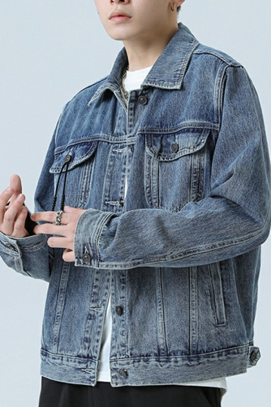 Basic Jacket Solid Color Button Detailed Pocket Collar Long-sleeved Loose Denim Jacket for Men