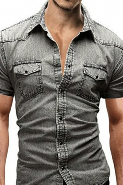 Boy's Unique Shirt Solid Flap Pocket Turn-down Collar Slim Short Sleeve Button-up Denim Shirt