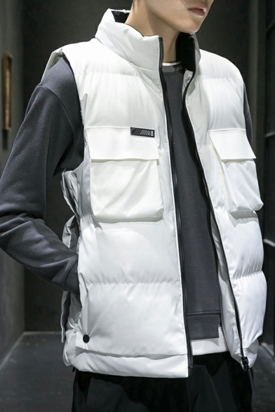 Casual Mens Plain Vest Flap Pockets Stand Collar Zipper Down Fit Thick Vest