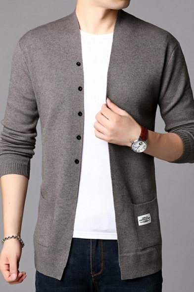 Dashing Cardigan Pure Color Pocket Decorated Long Sleeves Slimming Open Front Cardigan for Guys