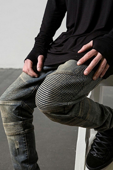Dashing Guys Pants Wrinkled Detail Distressed Zip Placket Skinny-Fit Denim Pants