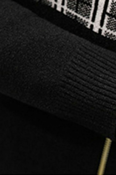 Dashing Mens Cardigan Plaid Printed Contrast Color Long-Sleeved Crew Neck Zip Closure Slim Knit Cardigan