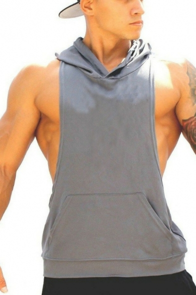 Dashing Mens Pure Color Tank Top Sleeveless Relaxed Fit Hooded Tank Top with Pocket