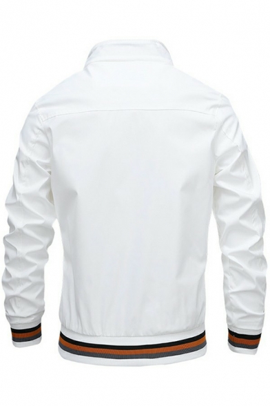 Fancy Mens Jacket Pure Color Contrast Trim Rib Hem Stand Collar Long Sleeve Regular Jacket