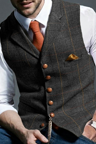 Fancy Suit Vest Button Closure Notched Lapel Collar Sleeveless Slim Fit Suit Vest for Men