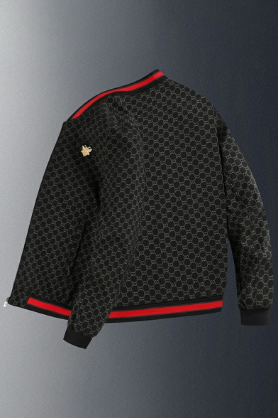 Fashionable Mens Baseball Jacket Logo Printed Full of Pattern Zip Closure Stand Collar Long Sleeves Fitted Baseball Jacket
