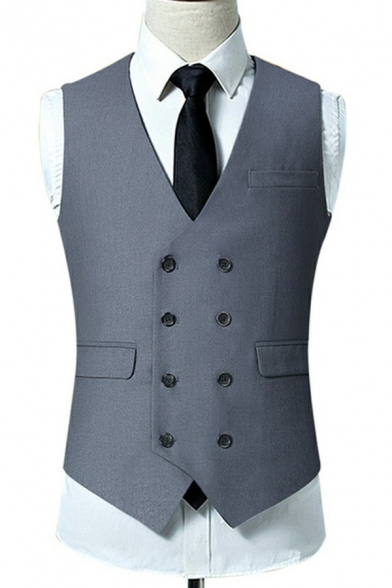 Fashionable Mens Vest Sleeveless V-Neck Button Closure Pockets Detail Fitted Suit Vest